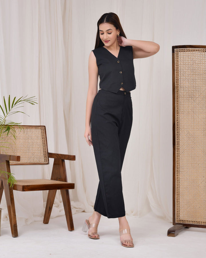 Midnight Black Cotton Linen Waist Coat Co-Ord Set - Midnight Black Cotton Linen Waist Coat Co-Ord Set - Palla Jaipur - Palla Jaipur