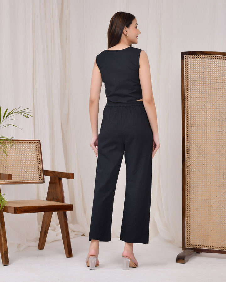 Midnight Black Cotton Linen Waist Coat Co-Ord Set - Midnight Black Cotton Linen Waist Coat Co-Ord Set - Palla Jaipur - Palla Jaipur