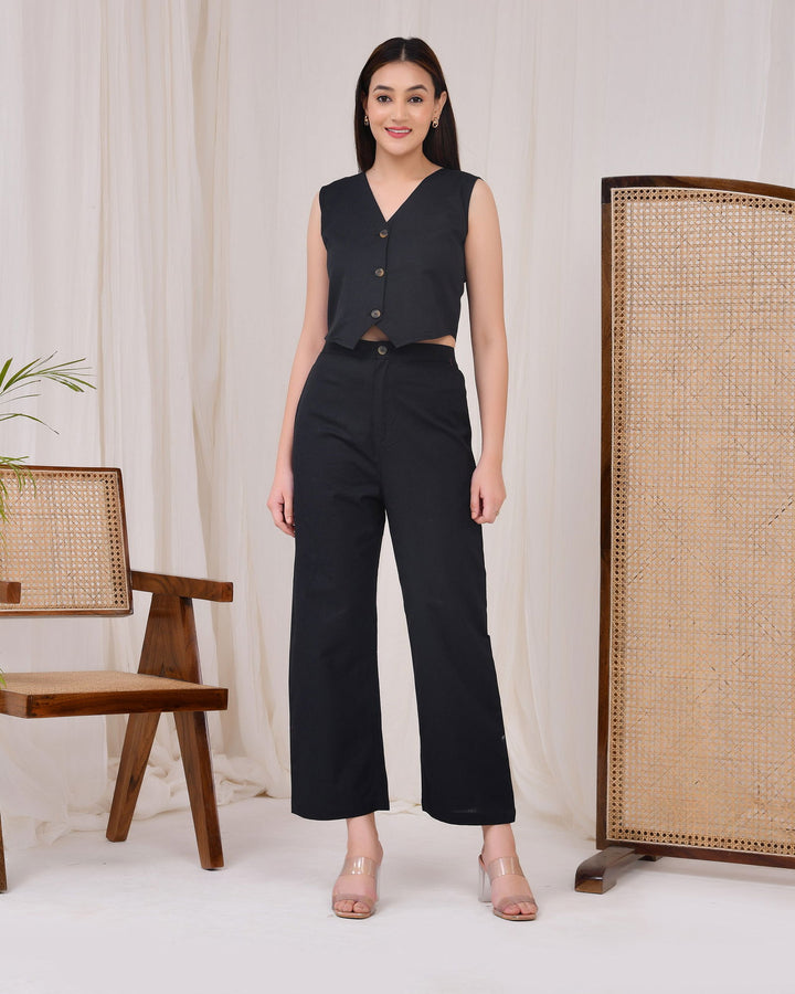 Midnight Black Cotton Linen Waist Coat Co-Ord Set - Midnight Black Cotton Linen Waist Coat Co-Ord Set - Palla Jaipur - Palla Jaipur