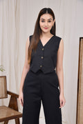 Midnight Black Cotton Linen Waist Coat Co-Ord Set - Midnight Black Cotton Linen Waist Coat Co-Ord Set - Palla Jaipur - Palla Jaipur