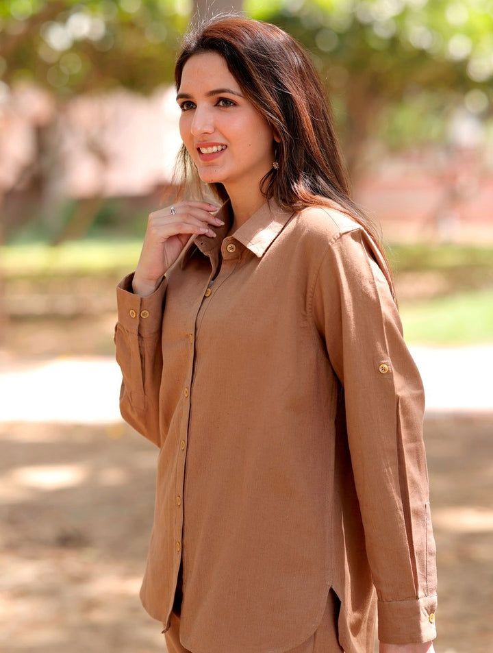 Mocha Brown Cotton Linen Shirt - Mocha Brown Cotton Linen Shirt - Palla Jaipur - Palla Jaipur