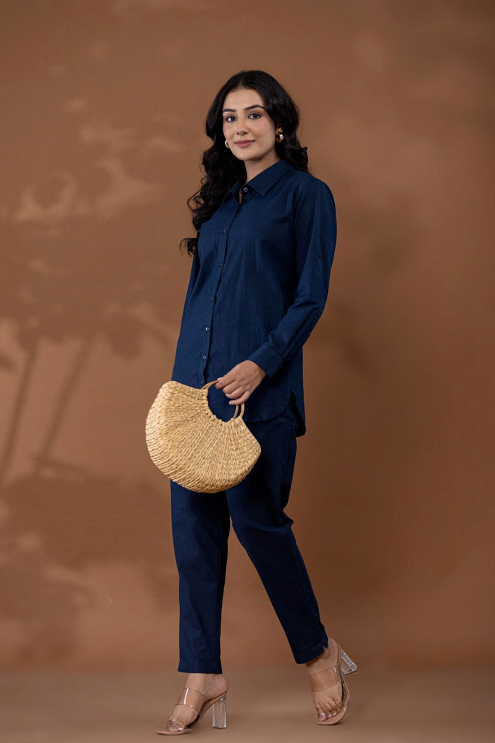 Navy Blue Cotton Linen Co-Ord Set - Navy Blue Cotton Linen Co-Ord Set - Palla Jaipur - Palla Jaipur