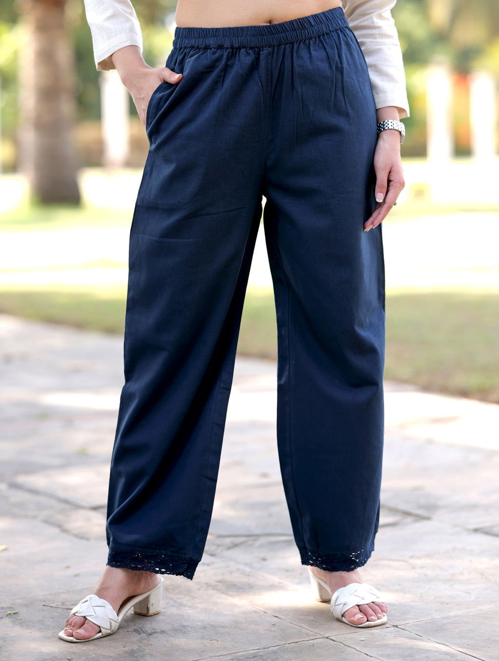 Navy Blue Cotton Linen Plazzo Pant - Navy Blue Cotton Linen Plazzo Pant - Palla Jaipur - Palla Jaipur