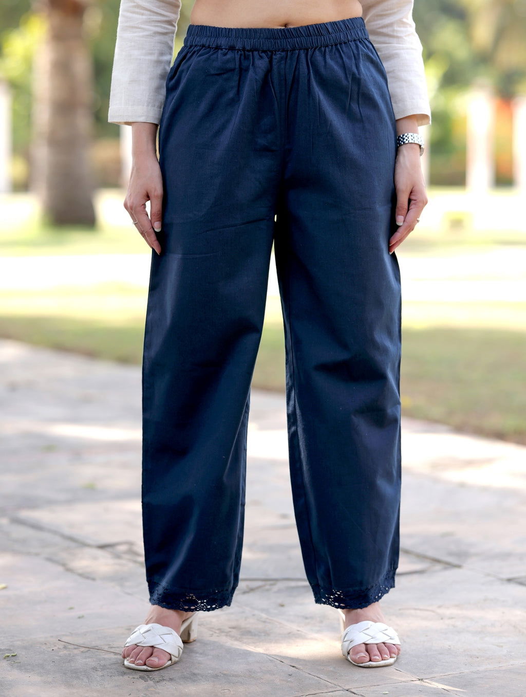 Navy Blue Cotton Linen Plazzo Pant - Navy Blue Cotton Linen Plazzo Pant - Palla Jaipur - Palla Jaipur
