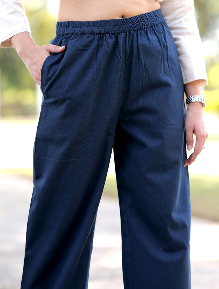 Navy Blue Cotton Linen Plazzo Pant - Navy Blue Cotton Linen Plazzo Pant - Palla Jaipur - Palla Jaipur