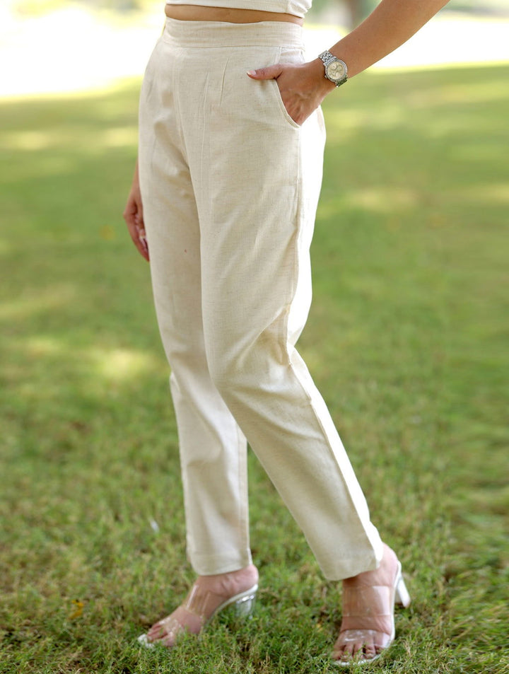 Off White Cotton Linen Pants - Off White Cotton Linen Pants - Palla Jaipur - Palla Jaipur
