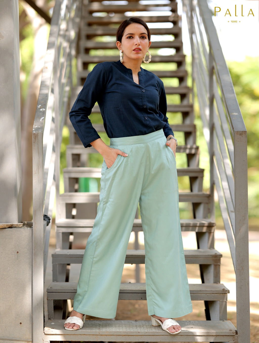 Pista Green Cotton Wide Leg Pant - Pista Green Cotton Wide Leg Pant - Palla Jaipur - Palla Jaipur