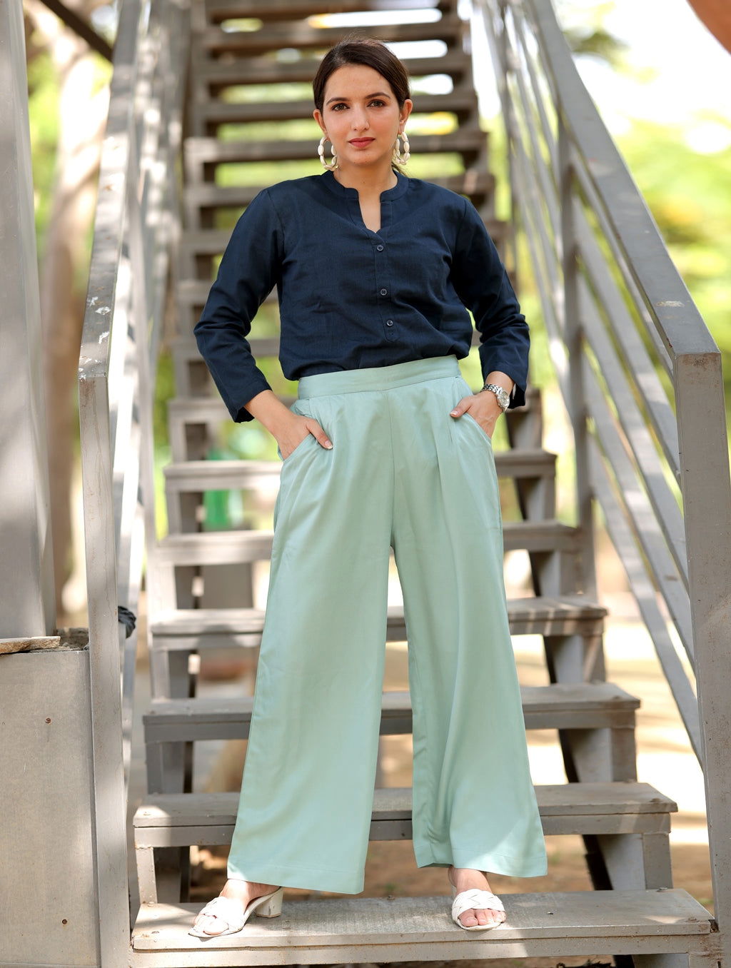 Pista Green Cotton Wide Leg Pant - Pista Green Cotton Wide Leg Pant - Palla Jaipur - Palla Jaipur