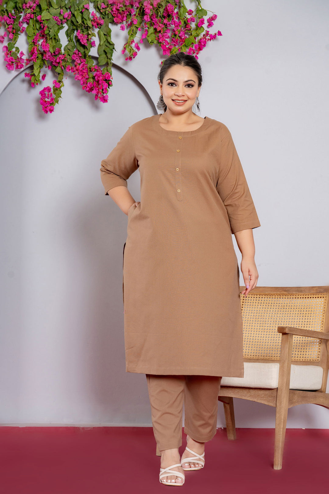 Plus Size Mocha Brown Long Kurta - Plus Size Mocha Brown Long Kurta - Palla Jaipur - Palla Jaipur