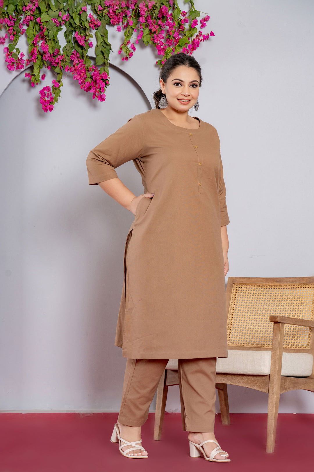 Plus Size Mocha Brown Long Kurta - Plus Size Mocha Brown Long Kurta - Palla Jaipur - Palla Jaipur
