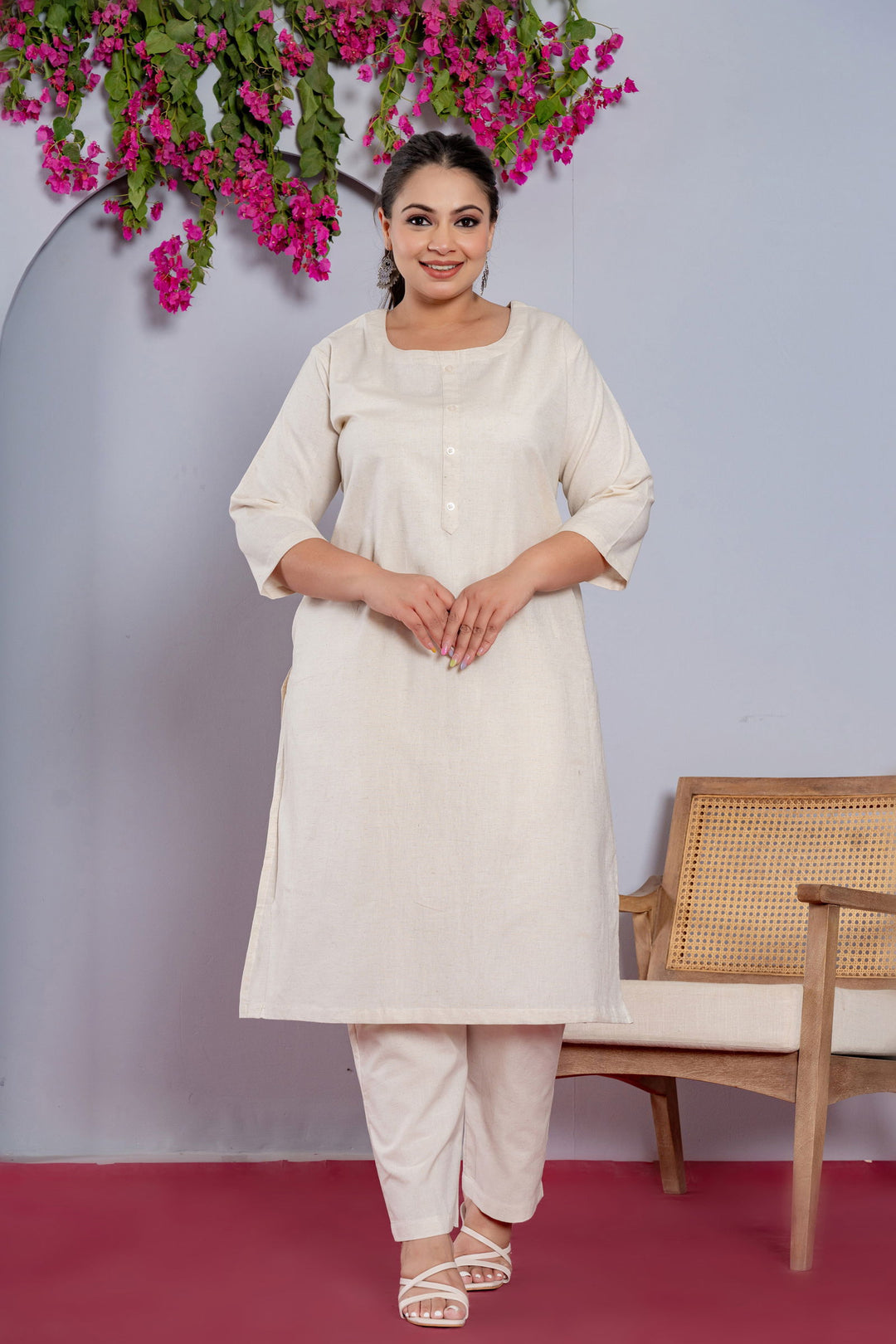 Plus Size Off White Long Kurta - Plus Size Off White Long Kurta - Palla Jaipur - Palla Jaipur