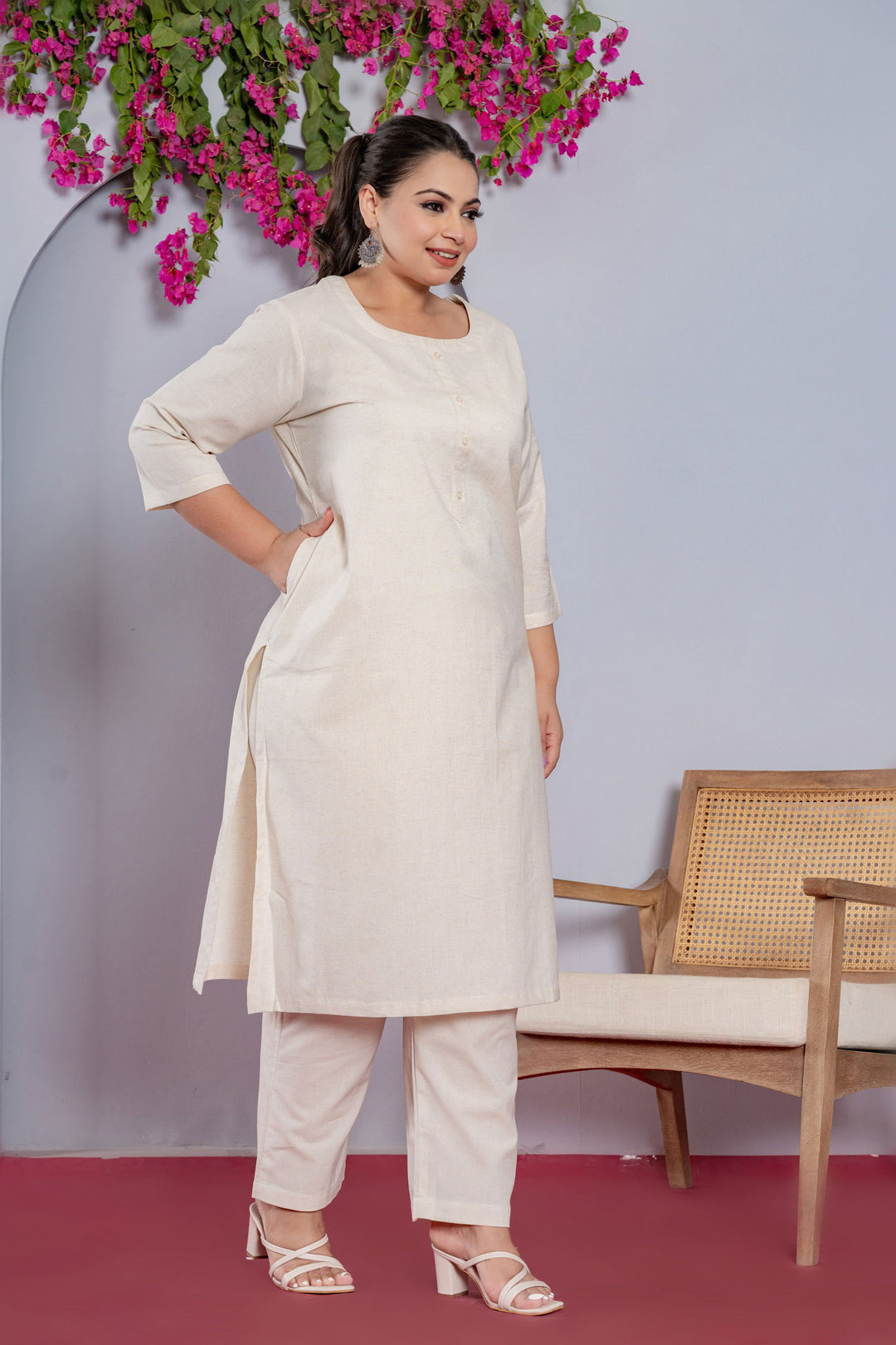 Plus Size Off White Long Kurta - Plus Size Off White Long Kurta - Palla Jaipur - Palla Jaipur