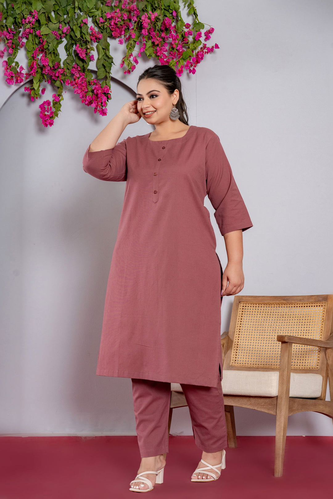 Plus Size Rose Taupe Long Kurta - Plus Size Rose Taupe Long Kurta - Palla Jaipur - Palla Jaipur