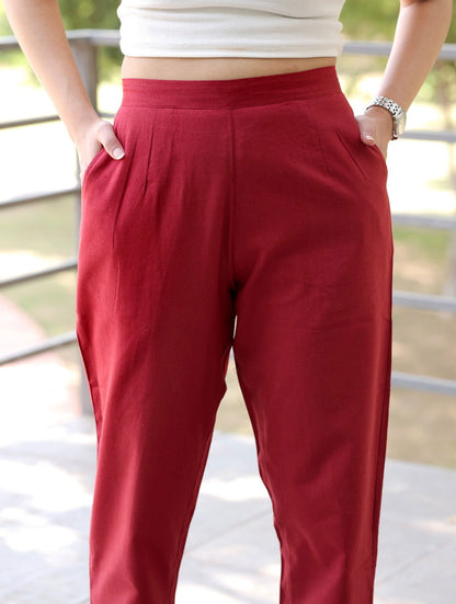 Red Cotton Linen Pants - Red Cotton Linen Pants - Palla Jaipur - Palla Jaipur