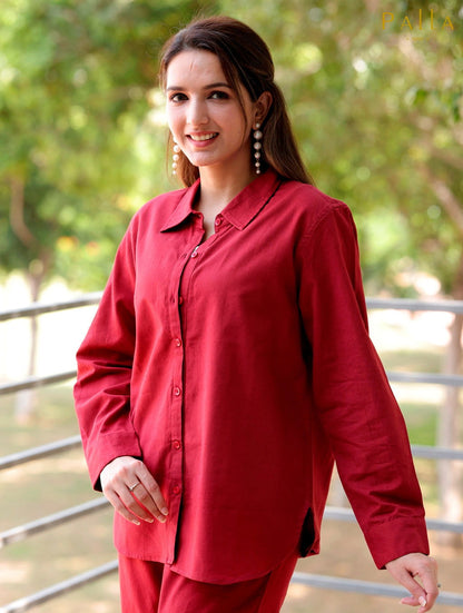 Red Cotton Linen Shirt - Red Cotton Linen Shirt - Palla Jaipur - Palla Jaipur