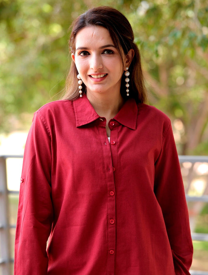 Red Cotton Linen Shirt - Red Cotton Linen Shirt - Palla Jaipur - Palla Jaipur