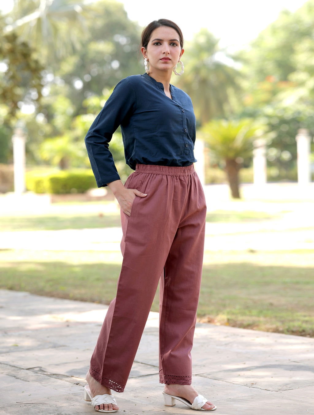 Rose Taupe Cotton Linen Plazzo Pant - Rose Taupe Cotton Linen Plazzo Pant - Palla Jaipur - Palla Jaipur