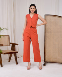 Rust Orange Cotton Linen Waist Coat Co-Ord Set - Rust Orange Cotton Linen Waist Coat Co-Ord Set - Palla Jaipur - Palla Jaipur