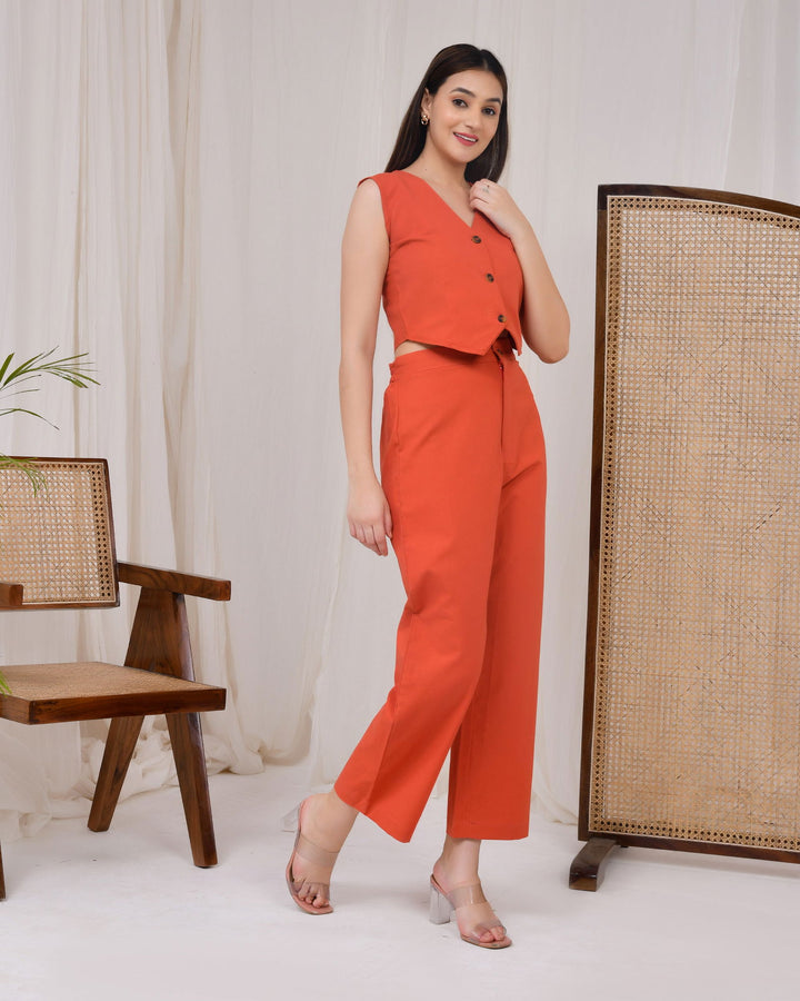 Rust Orange Cotton Linen Waist Coat Co-Ord Set - Rust Orange Cotton Linen Waist Coat Co-Ord Set - Palla Jaipur - Palla Jaipur