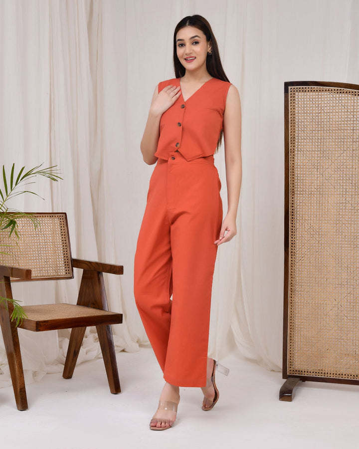 Rust Orange Cotton Linen Waist Coat Co-Ord Set - Rust Orange Cotton Linen Waist Coat Co-Ord Set - Palla Jaipur - Palla Jaipur