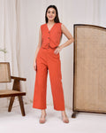Rust Orange Cotton Linen Waist Coat Co-Ord Set - Rust Orange Cotton Linen Waist Coat Co-Ord Set - Palla Jaipur - Palla Jaipur