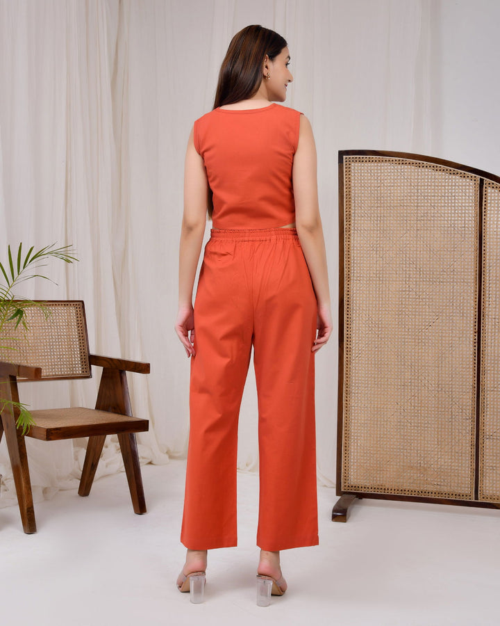 Rust Orange Cotton Linen Waist Coat Co-Ord Set - Rust Orange Cotton Linen Waist Coat Co-Ord Set - Palla Jaipur - Palla Jaipur
