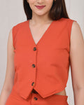 Rust Orange Cotton Linen Waist Coat Co-Ord Set - Rust Orange Cotton Linen Waist Coat Co-Ord Set - Palla Jaipur - Palla Jaipur