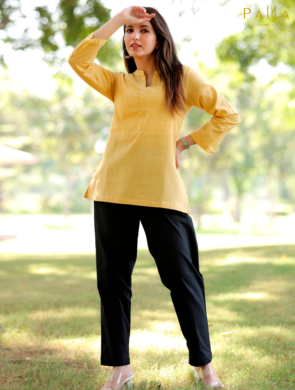 Women Rayon High- Slit Solid Yellow Kurti