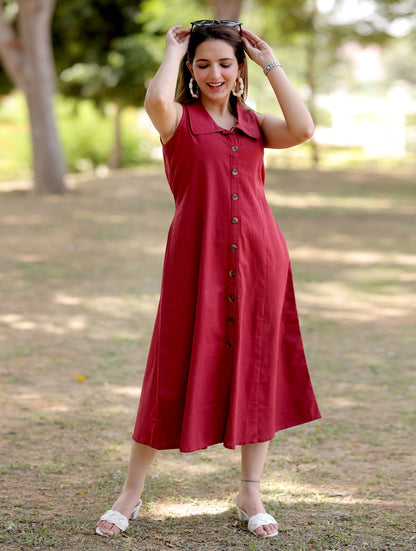 Maroon Cotton Linen Dress