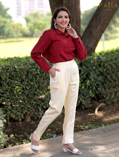 Cream Cotton Formal Pants