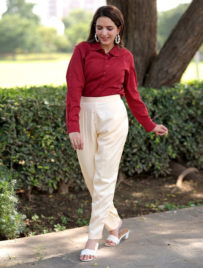 Cream Cotton Formal Pants