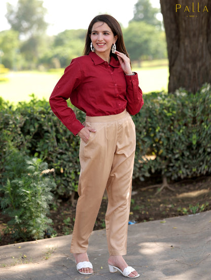 Beige Cotton Formal Pants