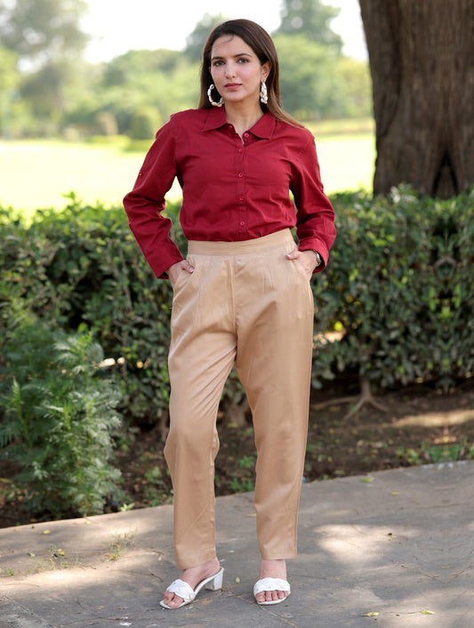 Beige Cotton Formal Pants