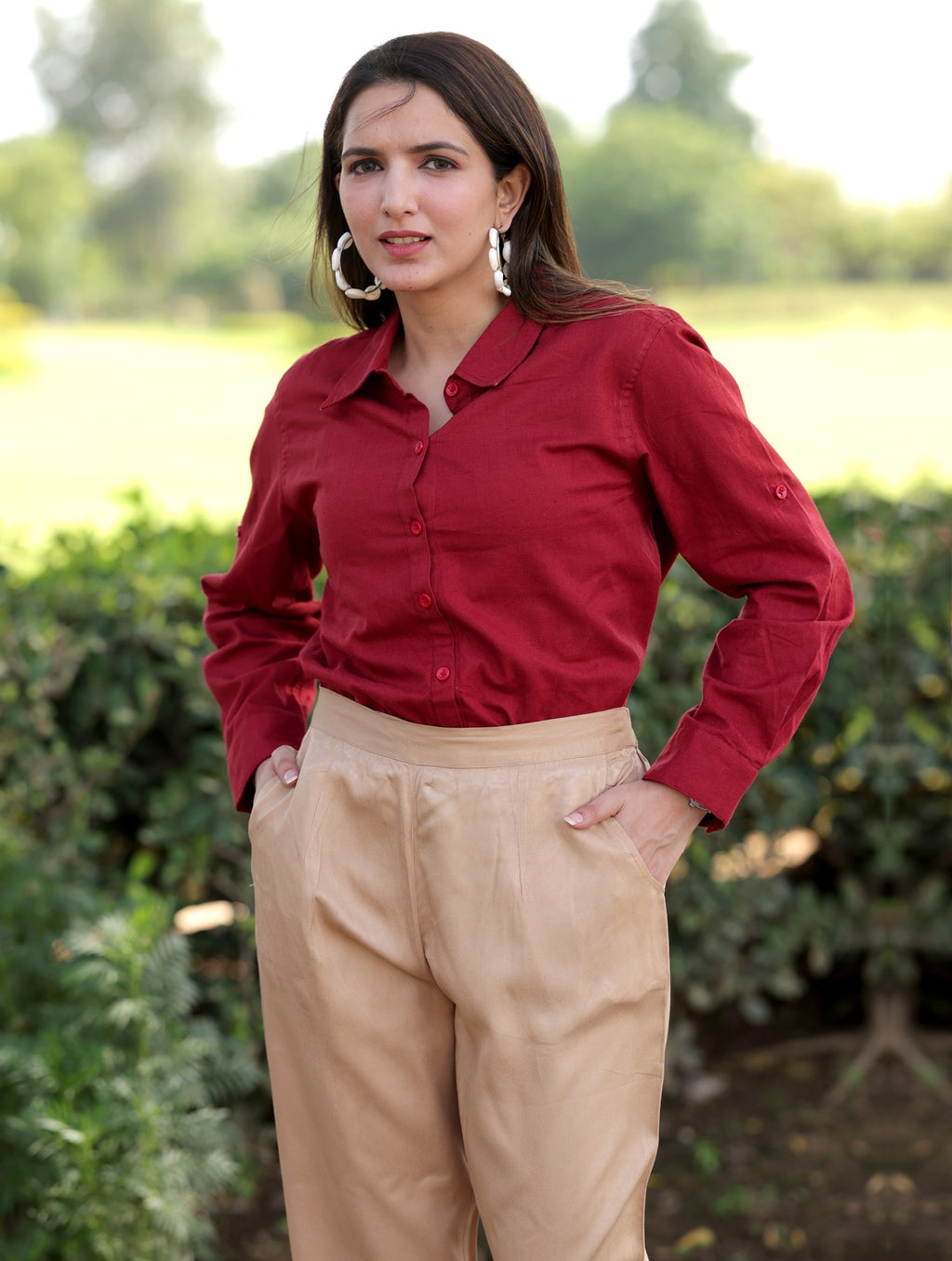 Beige Cotton Formal Pants