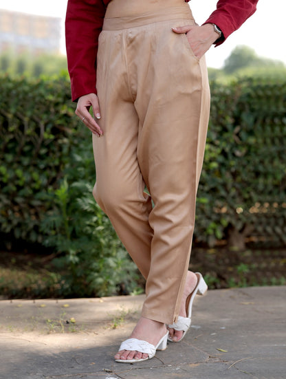 Beige Cotton Formal Pants