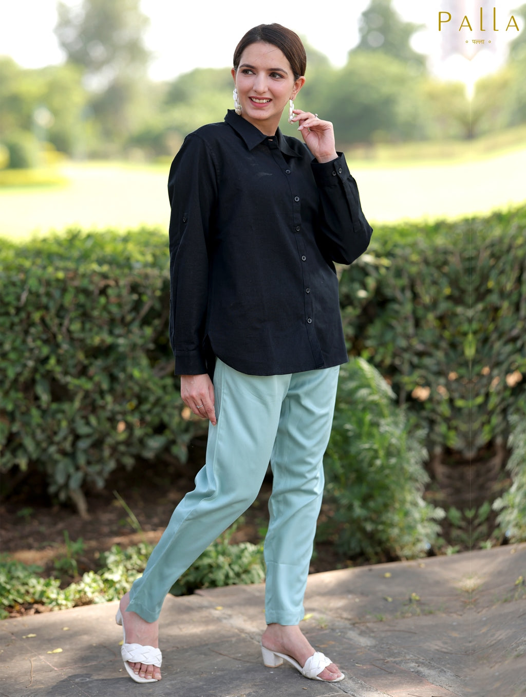 Pista Green Cotton Formal Pants