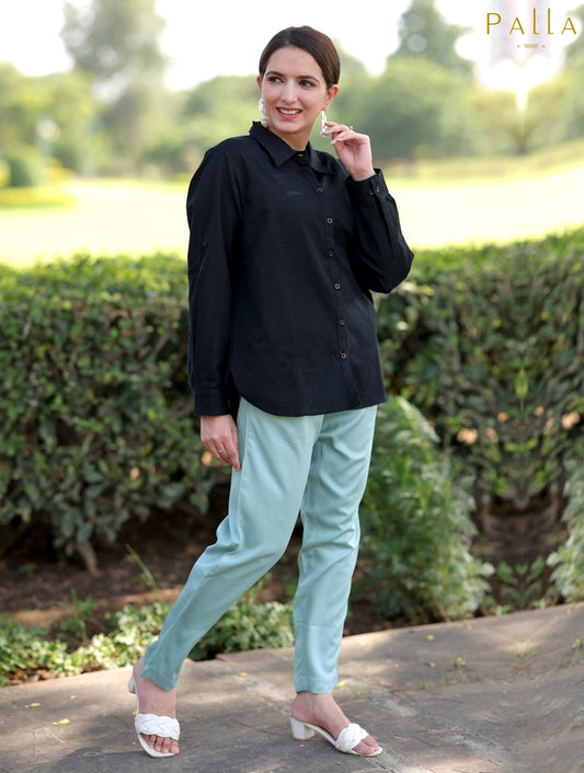 Pista Green Cotton Formal Pants