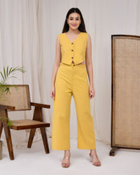 Sunshine Yellow Cotton Linen Waist Coat Co-Ord Set - Sunshine Yellow Cotton Linen Waist Coat Co-Ord Set - Palla Jaipur - Palla Jaipur