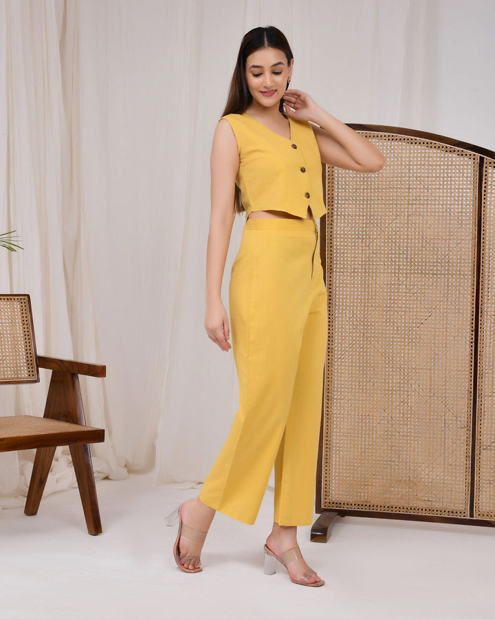 Sunshine Yellow Cotton Linen Waist Coat Co-Ord Set - Sunshine Yellow Cotton Linen Waist Coat Co-Ord Set - Palla Jaipur - Palla Jaipur