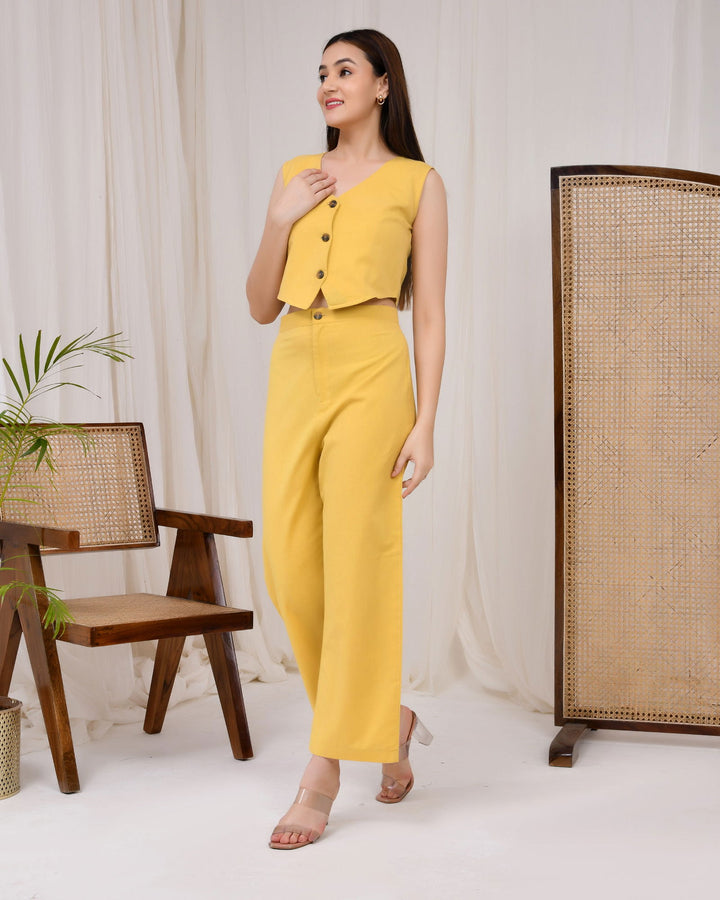 Sunshine Yellow Cotton Linen Waist Coat Co-Ord Set - Sunshine Yellow Cotton Linen Waist Coat Co-Ord Set - Palla Jaipur - Palla Jaipur