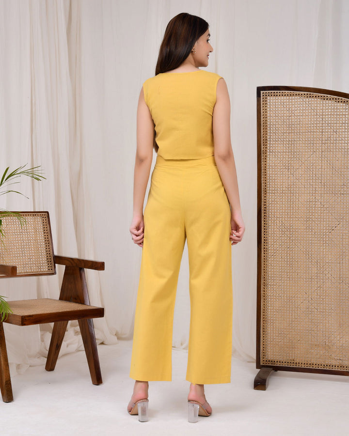 Sunshine Yellow Cotton Linen Waist Coat Co-Ord Set - Sunshine Yellow Cotton Linen Waist Coat Co-Ord Set - Palla Jaipur - Palla Jaipur