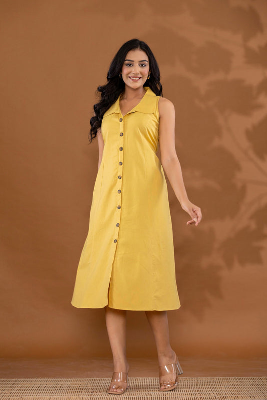 Yellow Cotton Linen Dress - Yellow Cotton Linen Dress - Palla Jaipur - Palla Jaipur