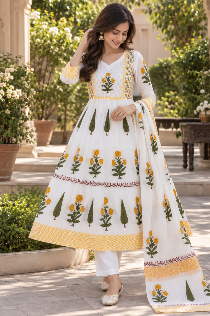 Marigold Meadow – 100% Cotton Handblock Printed Salwar Suit Set