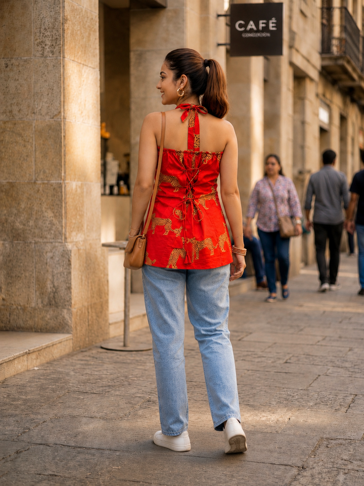 Rust Orange Golden Leopard Halter Top