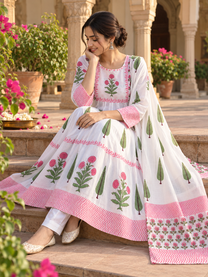 Pink Gulmohar Bloom – 100% Cotton Handblock Printed Salwar Suit Set