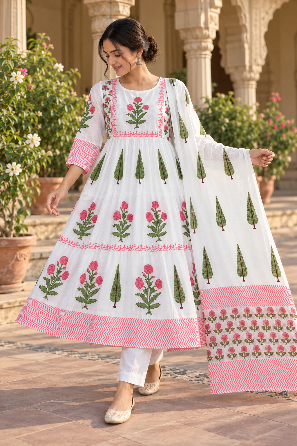 Pink Gulmohar Bloom – 100% Cotton Handblock Printed Salwar Suit Set