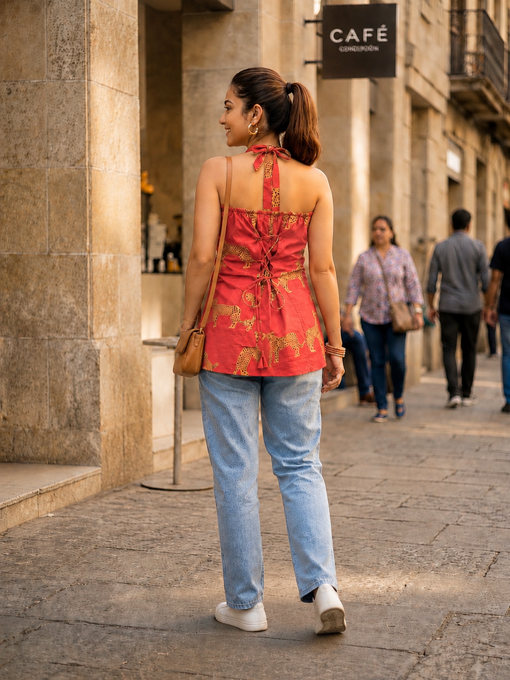 Rust Orange Golden Leopard Halter Top