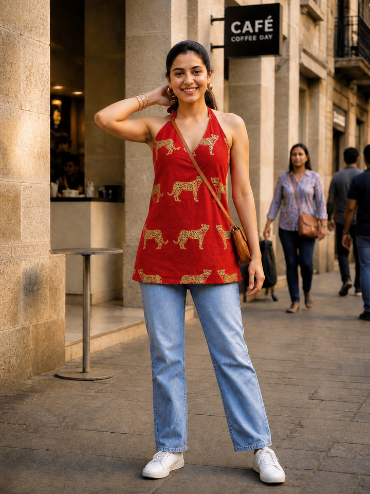 Rust Orange Golden Leopard Halter Top