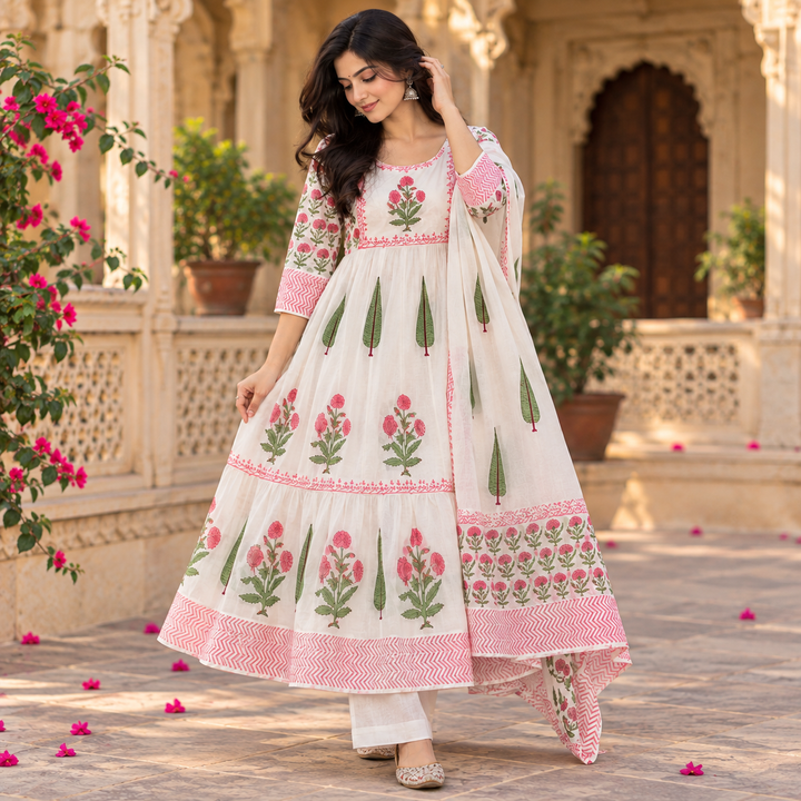 Pink Gulmohar Bloom – 100% Cotton Handblock Printed Salwar Suit Set