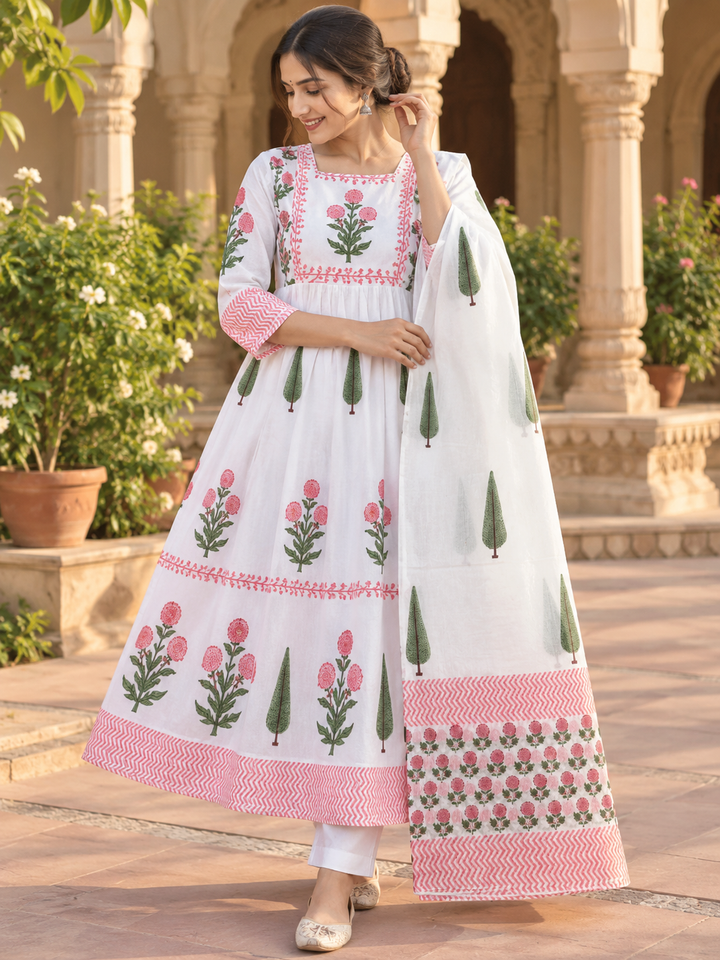 Pink Gulmohar Bloom – 100% Cotton Handblock Printed Salwar Suit Set
